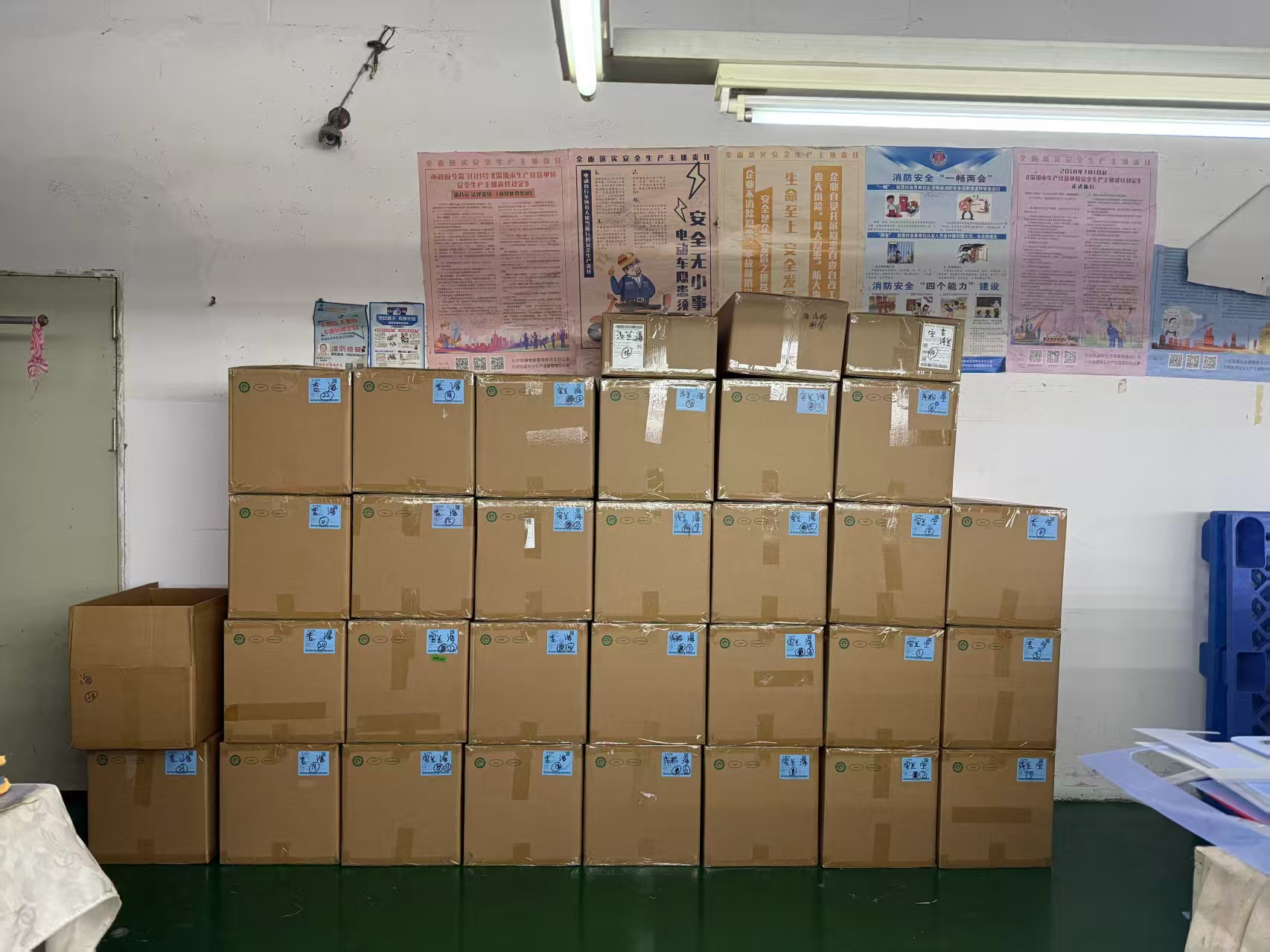 Stacks of boxed garment orders at Tetramade factory ready for international export and global shipping.