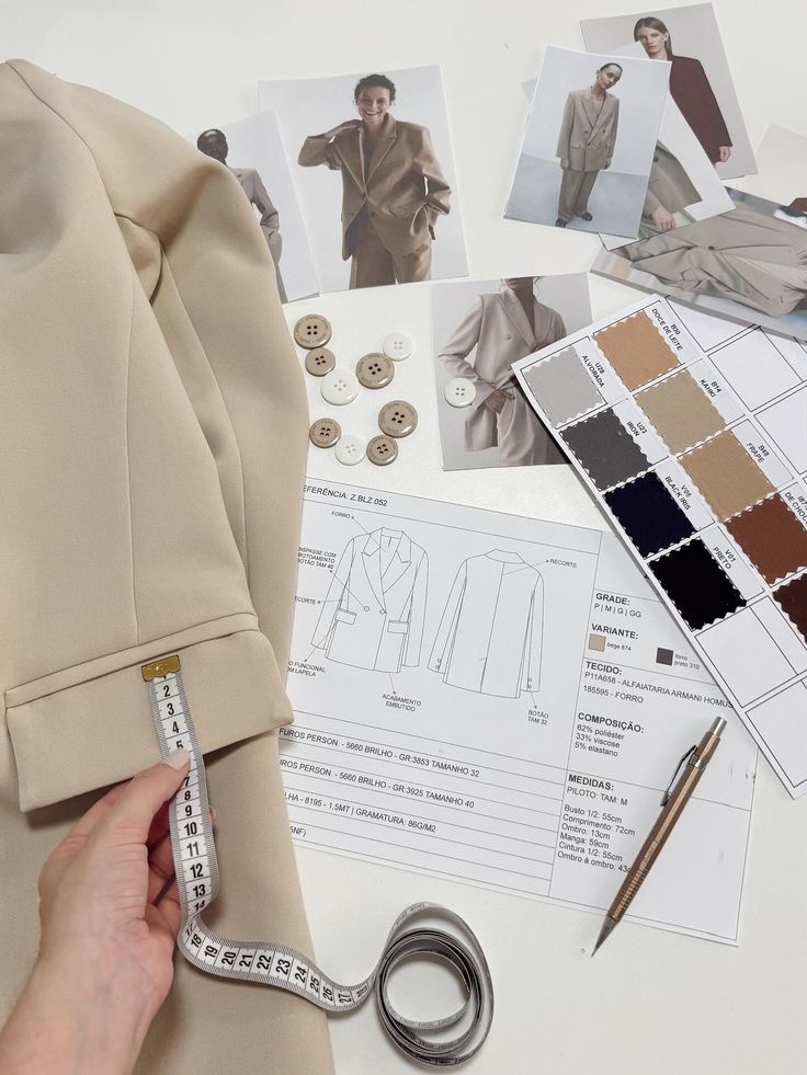High-end garment development process at Tetramade: technical sketches, fabric swatches, and precision measurement.